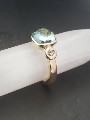14k yellow Gold Aquamarine and Diamond Ring 8mm Cushion Rose Cut Three Stone Rin