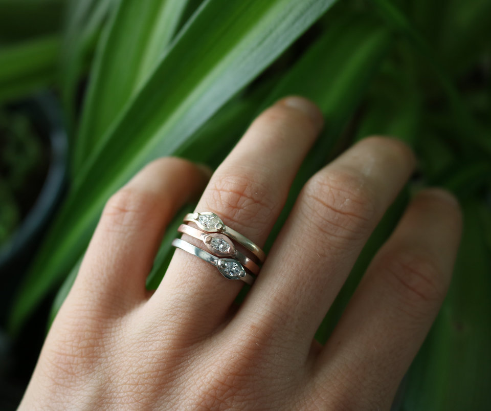 14k White Gold Marquise Diamond Ring, Wedding Ring, Stackable Ring, Modern, Mini