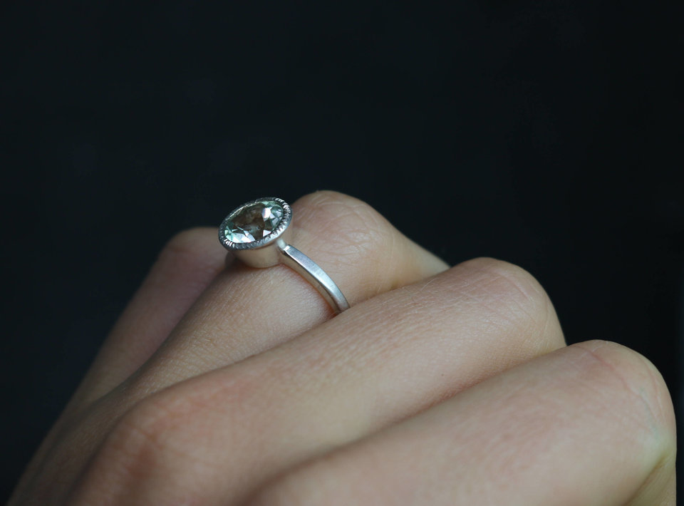 8mm Prasiolite Sterling Silver Ring, Green Amethyst Ring, Textured Bezel, Statement Ring, Cocktail, Ready to Ship Size 7