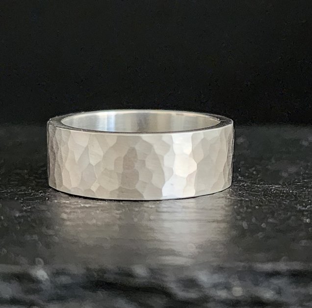Hammered Sterling Silver Band, Flat 8mm Wide Band, Textured Silver