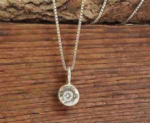 14k White Gold Diamond Coin Pebble Necklace, Handmade Solid Gold Pendant, Gold