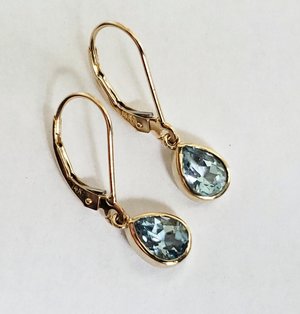 Sky Blue Topaz Dangle Earrings, Yellow Gold Earrings, Pear shape Blue Topaz, Lev