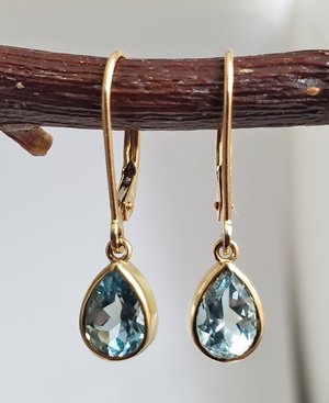 Brushed finish Sky Blue Topaz Dangle Earrings, Yellow Gold Earrings,