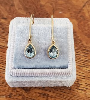 Sky Blue Topaz Dangle Earrings, Yellow Gold Earrings, Pear shape Blue Topaz, Lever back Earrings, Gemstone Earrings, Made to order