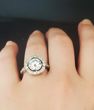 14k White Gold Moissanite Ring, OEC 8mm round Vintage Inspired Engagement Ring,