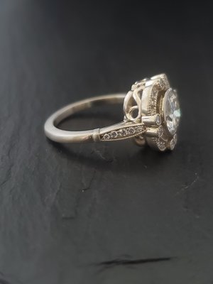 14k White Gold Moissanite Ring, OEC 8mm round Vintage Inspired Engagement Ring,