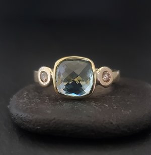14k yellow Gold Aquamarine and Diamond Ring 8mm Cushion Rose Cut Three Stone Rin