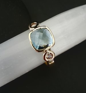 14k yellow Gold Aquamarine and Diamond Ring 8mm Cushion Rose Cut Three Stone Rin