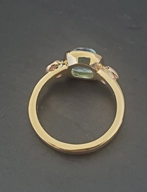 14k yellow Gold Aquamarine and Diamond Ring 8mm Cushion Rose Cut Three Stone Rin