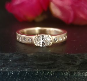 Oval Lab Diamond ring, Half bezel 14k gold, 6x4mm Sideways, Vintage Inspired, Ec