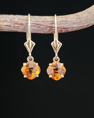 Citrine Dangle Earrings, Yellow Gold Earrings, Cushion Cut Citrine Earrings, Lev