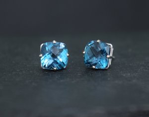 London Blue Topaz 14k White Gold Stud Earrings, 8mm Cushion Cut London Blue Topaz, December Birthstone, Ready to Ship Earrings