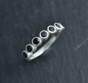 Seven Stone Black Spinel Ring, Sterling Silver Black Spinel Ring, Bezel Set, Alternative Wedding Band,Stacking,  Ready to Ship Size 6.75