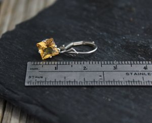 Citrine Dangle Earrings, White Gold Earrings, Princess Cut Citrine Earrings, Leverback Earrings, Gemstone Earrings, Ready to Ship