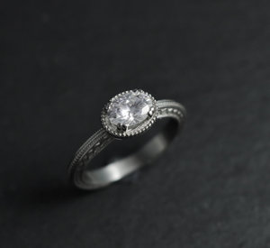 14k White Gold Moissanite Ring, Oval Vintage Inspired East to West Engagement Ri