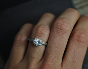 14k White Gold Moissanite Ring, Oval Vintage Inspired East to West Engagement Ri