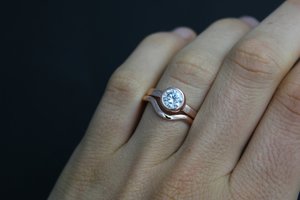 14k Rose Gold Moissanite Charles and Colvard Forever One Ring, Bezel Ring, Engag