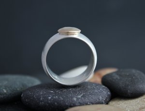 Gold Button Ring, Sterling Silver and 14k Yellow Gold, 10mm Wide Band Ring, Stackable Ring, Eco Friendly Ring, Ready to Ship