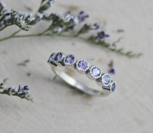 Seven Stone Tanzanite Ring, Sterling Silver Tanzanite Ring, Textured Bezel, Wedding Band, Ready to Ship Size 6.75