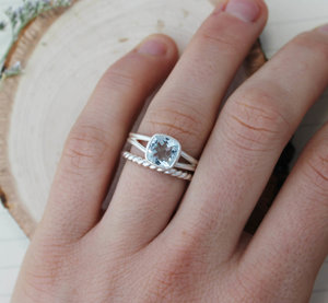 Cushion Cut Aquamarine Split Shank Ring, Sterling Silver Split Band, 7mm Cushion Cut Aquamarine, March Birthstone, Ready to Ship Size 6.75