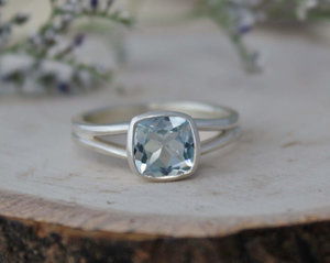 Cushion Cut Aquamarine Split Shank Ring, Sterling Silver Split Band, 7mm Cushion Cut Aquamarine, March Birthstone, Ready to Ship Size 6.75