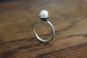 White Akoya Pearl Solitaire Ring, Sterling Silver Pearl Ring, Organic Free Form,