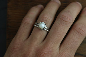 White Akoya Pearl Solitaire Ring, Sterling Silver Pearl Ring, Organic Free Form,