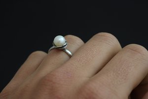 White Akoya Pearl Solitaire Ring, Sterling Silver Pearl Ring, Organic Free Form,