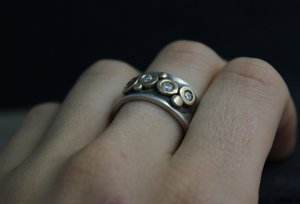 Diamond Pebble Ring Silver Gold, 10mm 4 Stone, Sterling Silver 14k Yellow Gold Ring, Stacking Ring, Ready to Ship Size 8.5