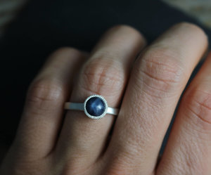 Star Sapphire Sterling Silver Ring, Blue Sapphire, Textured Bezel Ring, 6.5mm Round Gemstone,