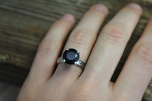 Silver Black Onyx 10mm Romance Ring, Heart Shape Prong Ring, Black stone, Oxidized Sterling Silver Ring, Black Onyx Solitaire, Ready to Ship