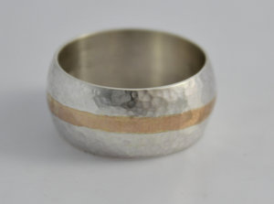 10mm Hammered yellow Gold and Silver Ring, Wedding Band, Gold Inlay Ring, Men's