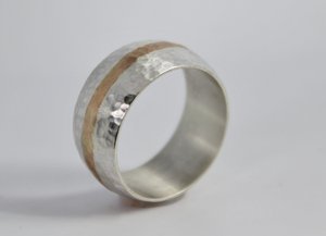 10mm Hammered yellow Gold and Silver Ring, Wedding Band, Gold Inlay Ring, Men's