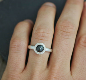 Rose Cut Black Diamond Ring in Sterling Silver, One of a Kind, Halo Bezel, Bezel Set, Milgrain, Recycled Silver, Made to order