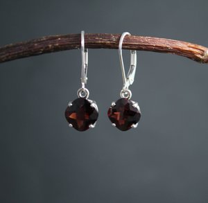 Cushion Cut Garnet Dangle Earrings, Sterling Silver Garnet Earrings, Leverback, 8mm Cushion Cut, January Birthstone, Ready to Ship Earrings