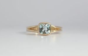 Aquamarine Solitaire Ring, Bezel Set Aquamarine, Split Shank Ring,  14k Yellow G