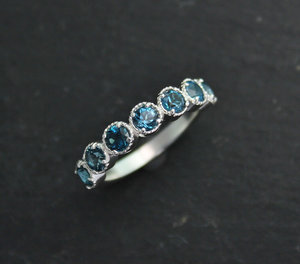 Seven Stone London Blue Topaz Ring, Sterling Silver, Textured Bezel Ring, Gemsto