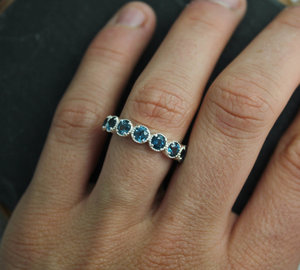 Seven Stone London Blue Topaz Ring, Sterling Silver, Textured Bezel Ring, Gemsto