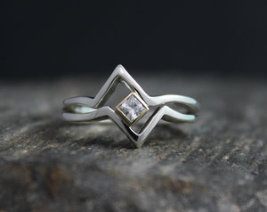 14k Yellow gold and Sterling silver band, Solitaire Chevron Ring, Princess Cut M