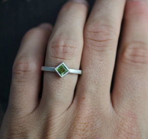 Princess Cut Peridot Ring in Sterling Silver, 4mm Peridot, Stacking Ring, August Birthstone Ring, Peridot Solitaire, Ready to Ship Size 6.75