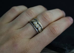 Silver Gold Diamond Pebble Ring, 8mm 5 stone, Sterling Silver and 14k Yellow Gold Concave Band, Stacking Ring, Ready to Ship size 8