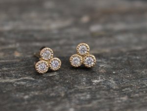 14k Yellow Gold Diamond Three Stone Stud Earrings, Trio Stud Earrings, Trinity Triangle Studs, 14k Gold Posts, Made to Order