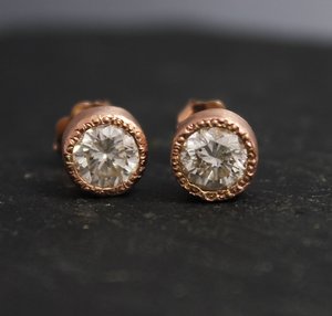 14k Rose Gold Moissanite Stud Earrings, Bezel Set Stud Earrings, Textured Bezel, Bridesmaid Earrings, Anniversary, Made to Order