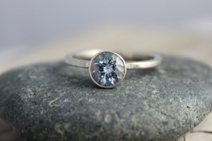 Aquamarine Bezel Set Ring - 14k White Gold Round Aquamarine Ring - Alternative Engagement Ring - Made to Order