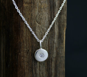 Sterling Silver Diamond Coin Pebble Necklace, Handmade Silver Pendant, Silver Diamond Disc Pendant, Ready to Ship Neckwear