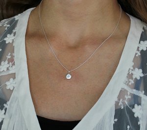 Sterling Silver Diamond Coin Pebble Necklace, Handmade Silver Pendant, Silver Diamond Disc Pendant, Ready to Ship Neckwear