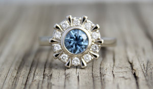 Blue Zircon and Diamond Ring, 14k White Gold Ring, Halo Ring, Flower Ring, Eco Friendly, Stackable, Unique Ring  Made to order ring