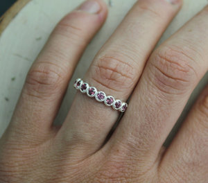 Rhodolite Garnet Ten Stone Ring, Ten Stone Band, Textured Bezel, Bezel Set, Sterling Silver, January Birthstone, Ready to Ship Size 6.75