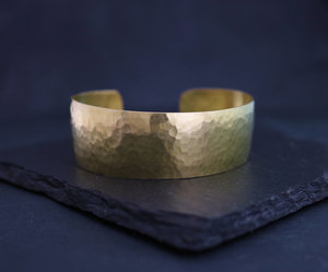 Hammered 18k Yellow Gold Cuff Bracelet, Handmade Yellow Gold Bracelet, Wide Cuff