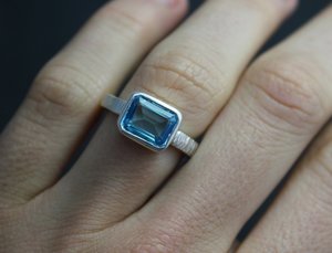 East to West Blue Topaz Ring, Emerald Cut Topaz, Sterling Silver Textured Shank, Blue Topaz Solitaire, Cocktail Ring, Ready to Ship Size 6